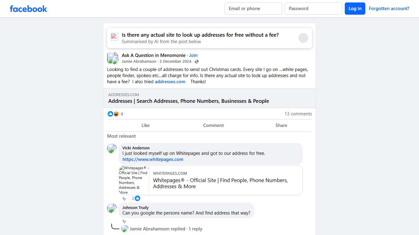 Ask A Question in Menomonie | Looking to find a couple of addresses to send out Christmas cards | Facebook